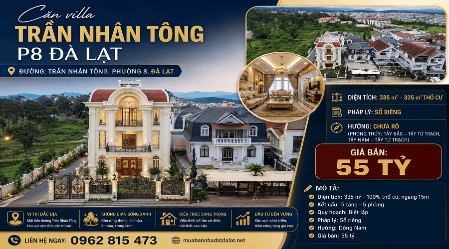 VILLA 5 tầng MẶT TIỀN Trần Nhân Tông P8 Đà Lạt - 335m2 - 55 tỷ VILLA 5 tầng MẶT TIỀN Trần Nhân Tông P8 Đà Lạt - 335m2 - 55 tỷ