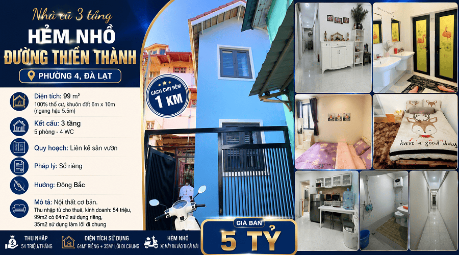 NHÀ 3 tầng hẻm nhỏ Thiên Thành P4 Đà Lạt - 64m2 - 5PN - 5 Tỷ NHÀ 3 tầng hẻm nhỏ Thiên Thành P4 Đà Lạt - 64m2 - 5PN - 5 Tỷ