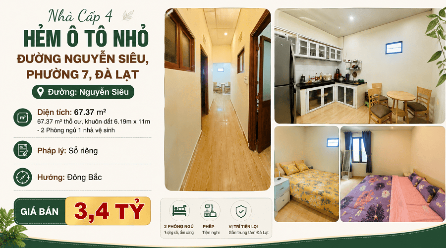 Nhà Cấp 4 Hẻm nhỏ Nguyễn Siêu Phường 7 Đà Lạt – Giá Tốt 3.4 Tỷ Nhà Cấp 4 Hẻm nhỏ Nguyễn Siêu Phường 7 Đà Lạt – Giá Tốt 3.4 Tỷ