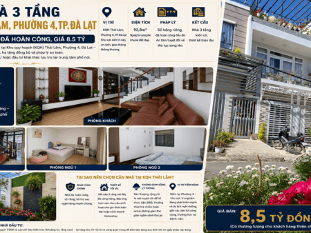 Nhà 3 tầng KQH Thái Lâm P4 Đà Lạt - 92.8m² ngang 5m - 8.5 tỷ