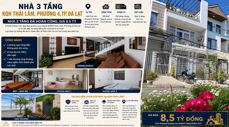 Nhà 3 tầng KQH Thái Lâm P4 Đà Lạt - 92.8m² ngang 5m - 8.5 tỷ Nhà 3 tầng KQH Thái Lâm P4 Đà Lạt - 92.8m² ngang 5m - 8.5 tỷ