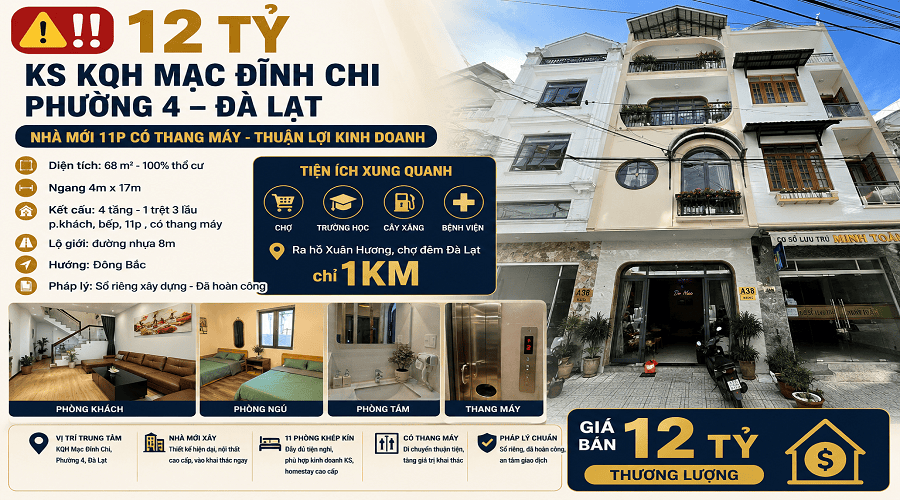 Khách sạn 4 tầng mới tinh KQH Mạc Đỉnh Chi P4 Đà Lạt - 68m² - 11PN - 12 Tỷ Khách sạn 4 tầng mới tinh KQH Mạc Đỉnh Chi P4 Đà Lạt - 68m² - 11PN - 12 Tỷ