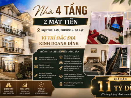 Nhà 4 tầng 2 Mặt Tiền KQH Thái Lâm P4 Đà Lạt 116,8m² - 11 tỷ