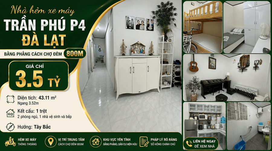 Nhà Cấp 4 Hẻm Xe Máy Trần Phú P4 Đà Lạt cách chợ đêm 800m - 3.5 tỷ Nhà Cấp 4 Hẻm Xe Máy Trần Phú P4 Đà Lạt cách chợ đêm 800m - 3.5 tỷ